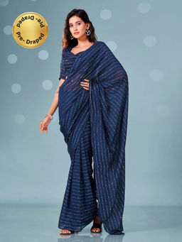 Tikhi Imli - Ready To Wear Navy Blue Mukaish Embellished Saree with Unstitched Blouse