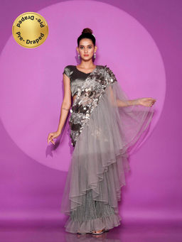 Tikhi Imli - Ready To Wear Grey Net & Lycra Saree with Embellished Pallu with Unstitched Blouse