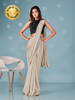 Tikhi Imli - Ready To Wear Silver Lycra Saree with Velvet Unstitched Blouse