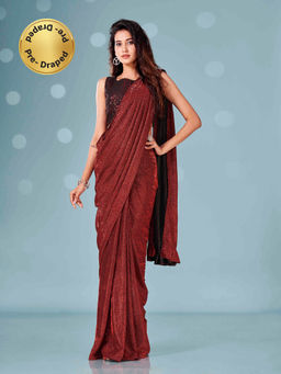 Tikhi Imli - Ready To Wear Maroon Lycra Saree with Net Embellished Unstitched Blouse