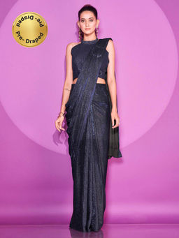 Tikhi Imli - Ready To Wear Navy Blue Lycra Saree with Net Embellished Unstitched Blouse