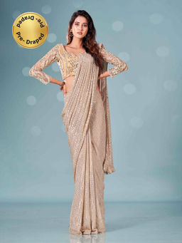 Tikhi Imli - Ready To Wear Beige Lycra Saree with Net Embellished Unstitched Blouse