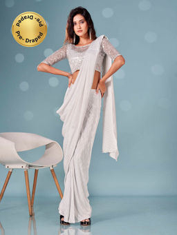 Tikhi Imli - Ready To Wear Silver Pleated Saree with Sequinned Unstitched Blouse
