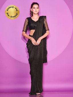 Tikhi Imli - Ready To Wear Black Pleated Saree with Embellished Unstitched Blouse