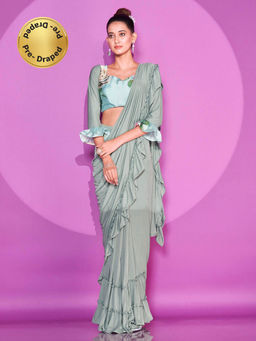Tikhi Imli - Ready To Wear Green Colour Ruffle Saree with Unstitched Blouse