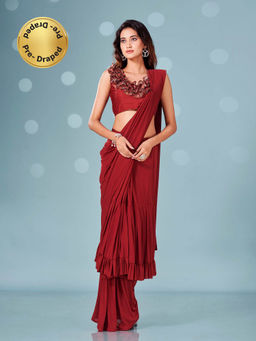 Tikhi Imli - Ready To Wear Maroon Ruffle Saree with Print Unstitched Blouse