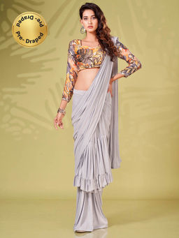 Tikhi Imli - Ready To Wear Grey Ruffle Saree with Printed Unstitched Blouse