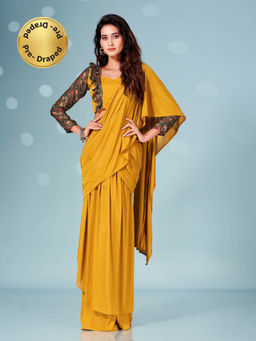 Tikhi Imli - Ready To Wear Mustard Lycra Ruffle Saree with Printed Unstitched Blouse