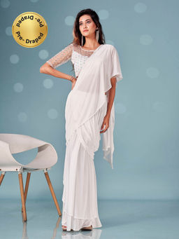 Tikhi Imli - Ready To Wear White Lycra Saree with Net Embroidery Unstitched Blouse