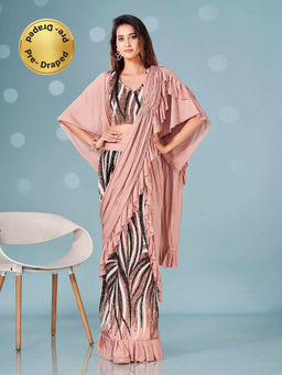 Tikhi Imli - Ready To Wear Pink Lycra Ruffle Saree with Sequins Embroidery with Unstitched Blouse