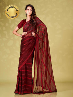Tikhi Imli - Ready To Wear Maroon Satin Striped Saree with Unstitched Blouse