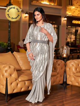Tikhi Imli - Silver Designer Kaftan Saree with Sequins Work and Belt with Unstitched Blouse