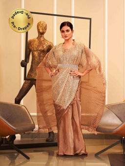Tikhi Imli - Beige Designer Kaftan Saree with Sequins Work and Belt with Unstitched Blouse