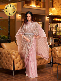 Tikhi Imli - Pink Designer Kaftan Saree with Sequins Work and Belt with Unstitched Blouse