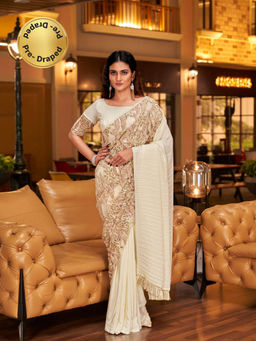 Tikhi Imli - Cream Fancy Embroidered Satin Pleated Half-Half Saree with Unstitched Blouse