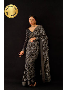 Tikhi Imli - Ready To Wear Black Ajarakh Block Printed Saree with Unstitched Blouse