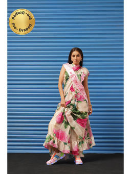 Tikhi Imli - Ready To Wear Cream Floral Printed Saree with Unstitched Blouse