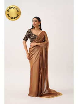 Tikhi Imli - Ready To Wear Golden Color Saree with Velvet Embroidered Unstitched Blouse