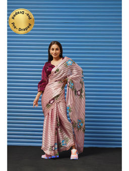 Tikhi Imli - Pink Color Floral Hand Printed Satin Striped Saree with Unstitched Blouse