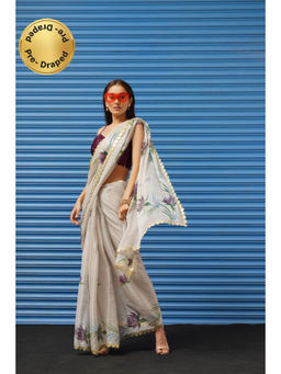 Tikhi Imli - Light Grey Floral Hand Printed Fancy Saree with Unstitched Blouse