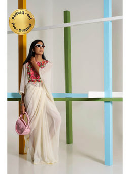 Tikhi Imli - Cream Thread Work Kaafatn Saree with Belt & Embroidered Unstitched Blouse
