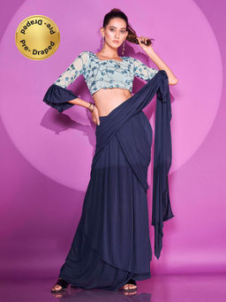 Tikhi Imli - Ready To Wear Navy Blue Lycra Saree with Unstitched Blouse