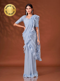 Tikhi Imli - Ready To Wear Powder Blue Colour Pleated Ruffle Saree with Unstitched Blouse