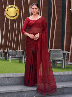 Tikhi Imli - Ready To Wear Maroon Striped Polyester Saree with Unstitched Blouse