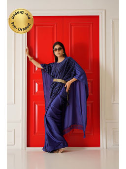 Tikhi Imli - Navy Blue Velvet & Satin Kaftan Saree with Unstitched Blouse