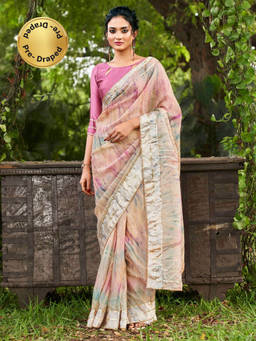 Tikhi Imli - Ready To Wear Peach Tie & Dye Embellished Border Saree with Unstitched Blouse
