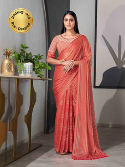 Tikhi Imli - Ready To Wear Peach Striped Saree with Unstitched Blouse