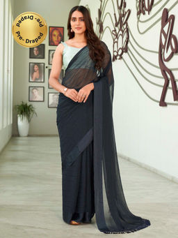 Tikhi Imli - Ready To Wear Navy Blue Colored Lurex Striped Saree with Unstitched Blouse