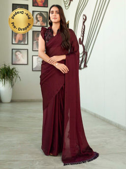 Tikhi Imli - Burgundy Colored Satin Saree with Sequin Embroidered Unstitched Blouse