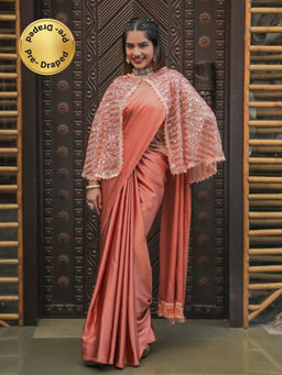 Tikhi Imli - Rust Colored Satin Saree and Sequenced Cape with Unstitched Blouse