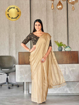 Tikhi Imli - Beige Colored Satin Saree with Velvet Embroidered Unstitched Blouse