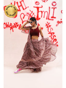 Tikhi Imli - Mauve Coloured Ruffled Printed Georgette Ready To Wear Saree with Unstitched Blouse