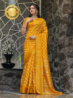 Tikhi Imli - Yellow Lehariya Cotton Blend Pre Drapped Saree & Tassels with Unstitched Blouse