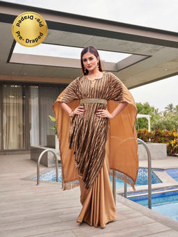 Tikhi Imli - Beige Velvet Kaftan Pre Drapped Saree Belt & Tassels on Pallu with Unstitched Blouse