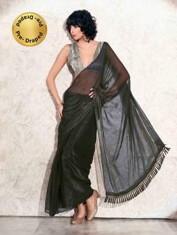 Tikhi Imli - Ready To Wear Black Shimmer Chiffon Saree with Pleated Satin Unstitched Blouse