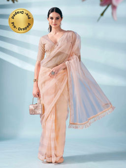 Tikhi Imli - Ready To Wear Peach Coloured Woven Net Saree with Brocade Unstitched Blouse