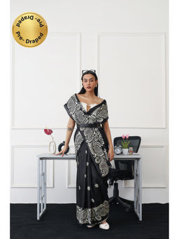 Tikhi Imli - Ready To Wear Black Colored Printed Satin Saree with Unstitched Blouse