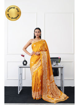 Tikhi Imli - Ready To Wear Mustard Colored Printed Satin Saree with Unstitched Blouse