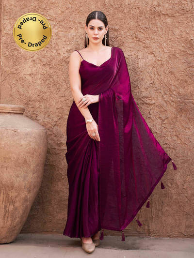 Wine Colored Shimmer Pre-Draped Saree with Unstitched Blouse