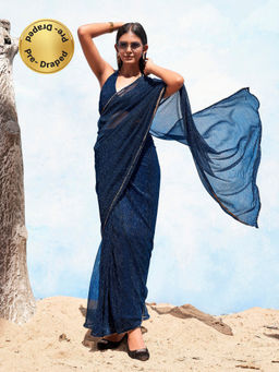 Tikhi Imli - Blue Colored Shimmer Pre-Draped Saree with Unstitched Blouse