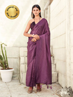Tikhi Imli - Wine Colored Pre-Draped Saree with Unstitched Blouse