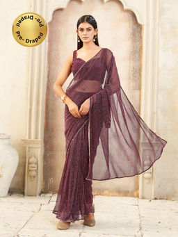 Tikhi Imli - Wine Colored Shimmer Pre-Draped Saree with Unstitched Blouse