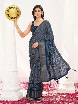 Tikhi Imli - Navy Blue Bandani Pre-Draped Saree with Unstitched Blouse