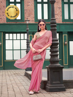 Tikhi Imli - Ready To Wear Pink and Gold Colored Two Tone Jimy Chu Saree with Unstitched Blouse