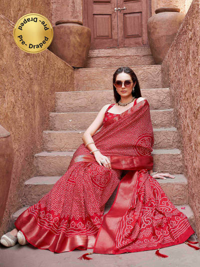 Ready To Wear Red Colored Cotton Blend Daily Wear Saree with Unstitched Blouse
