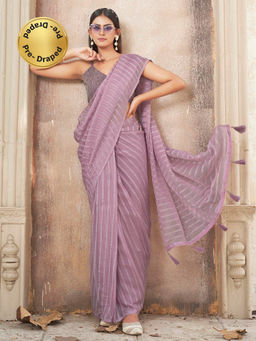 Tikhi Imli - Ready To Wear Pink Colored Striped Saree with Unstitched Blouse